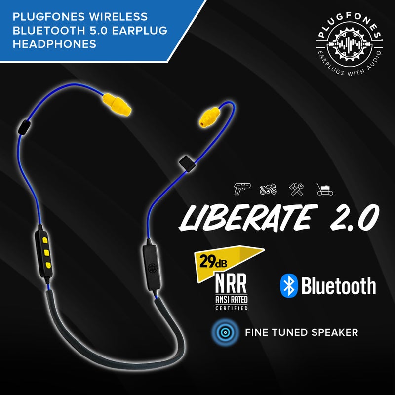 Plugfones Liberate 2.0 Wireless Bluetooth in-Ear Earplug Earbuds- 29NRR Noise Reduction Headphones with Noise Isolating Mic and Controls (Blue & Yellow) - Image 2
